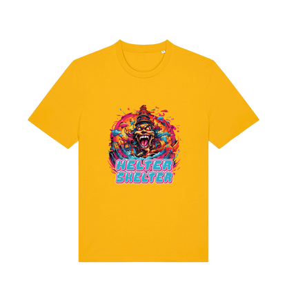 yellow music t-shirt with the colourful graphic of a scary looking clown and the slogan 'helter skelter'