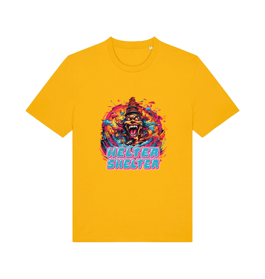 yellow music t-shirt with the colourful graphic of a scary looking clown and the slogan 'helter skelter'