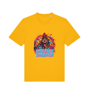 yellow music t-shirt with the colourful graphic of a scary looking clown and the slogan 'helter skelter'