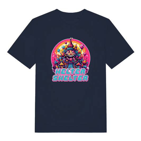 navy music t-shirt with the colourful graphic of a carnival figure and the slogan 'helter skelter'
