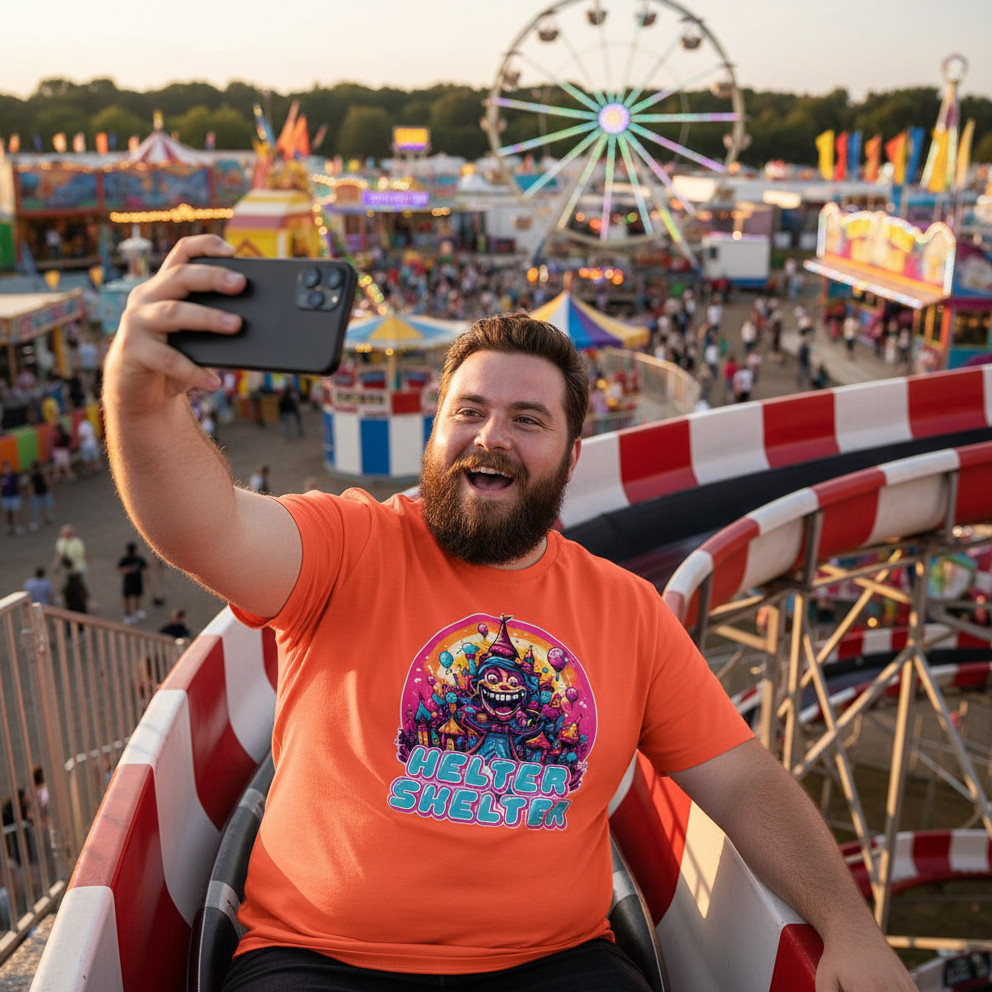 Man taking a selfie at a carnival with a Ferris wheel and roller coaster in the background.