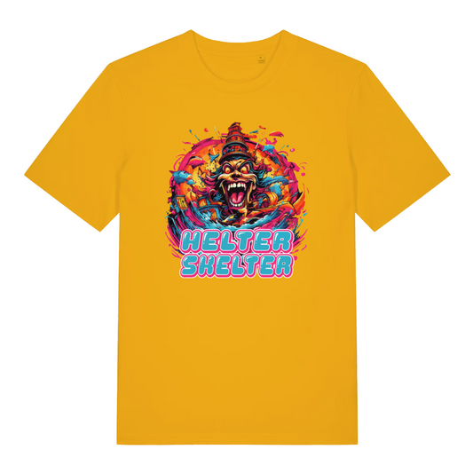 yellow music t-shirt with the colourful graphic of a carnival figure and the slogan 'helter skelter'
