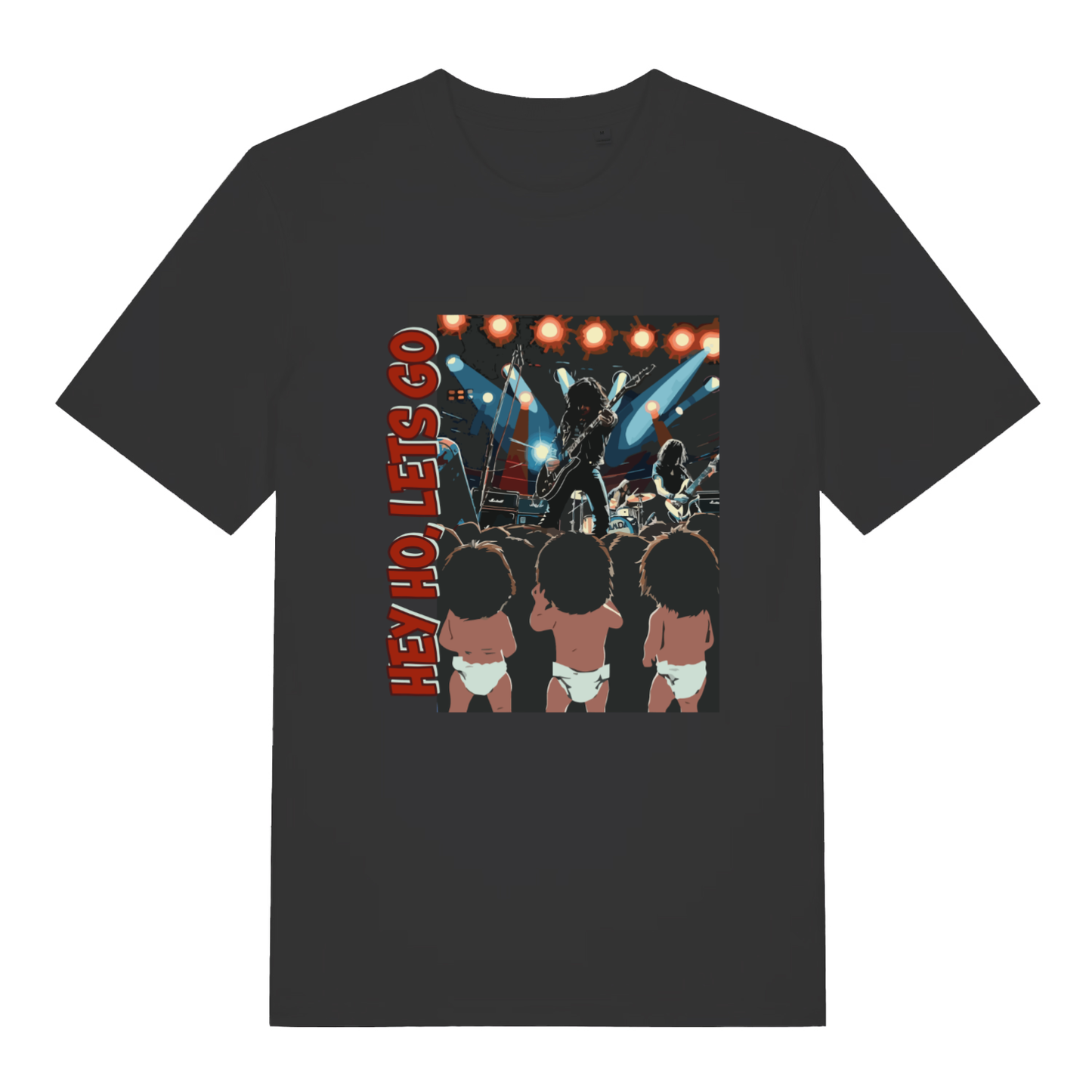 Black Hey Ho Let's Go T-shirt flat lay with funny rock concert babies in diapers "Hey Ho Let's Go" graphic