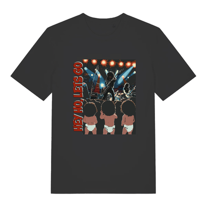 Black Hey Ho Let's Go T-shirt flat lay with funny rock concert babies in diapers "Hey Ho Let's Go" graphic