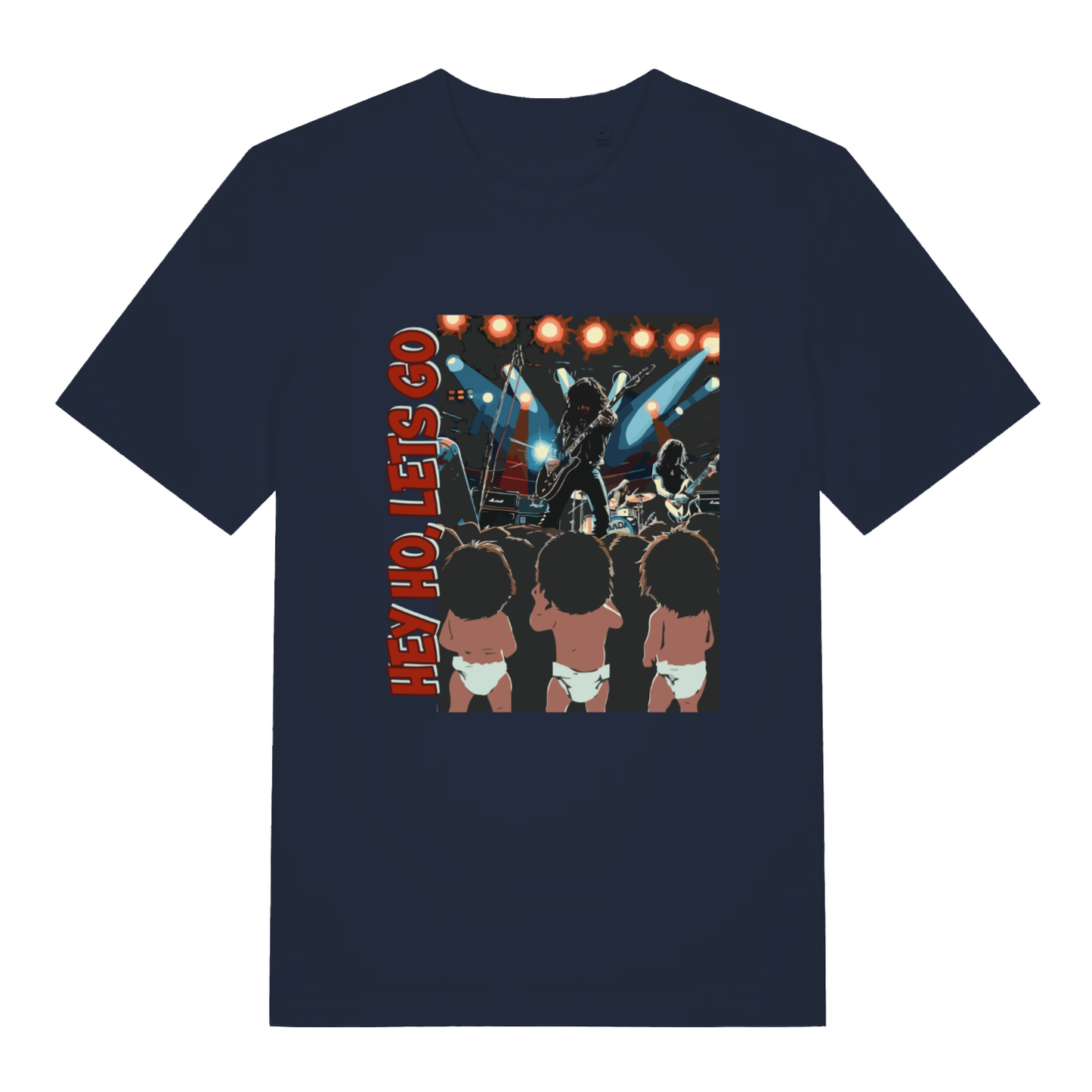 French Navy Hey Ho Let's Go T-shirt flat lay featuring rock gig babies watching band illustration