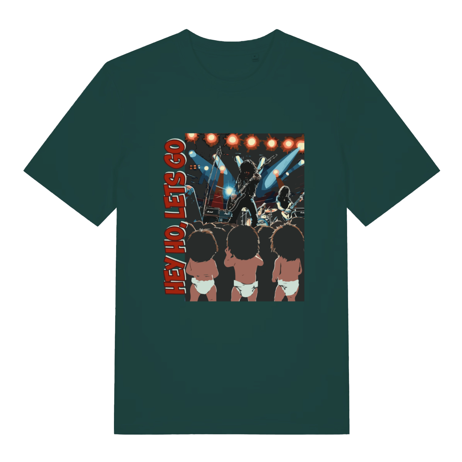 Glazed Green Hey Ho Let's Go T-shirt flat lay showing humorous concert scene with diaper babies