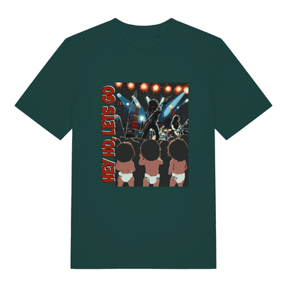 Glazed Green Hey Ho Let's Go T-shirt flat lay showing humorous concert scene with diaper babies