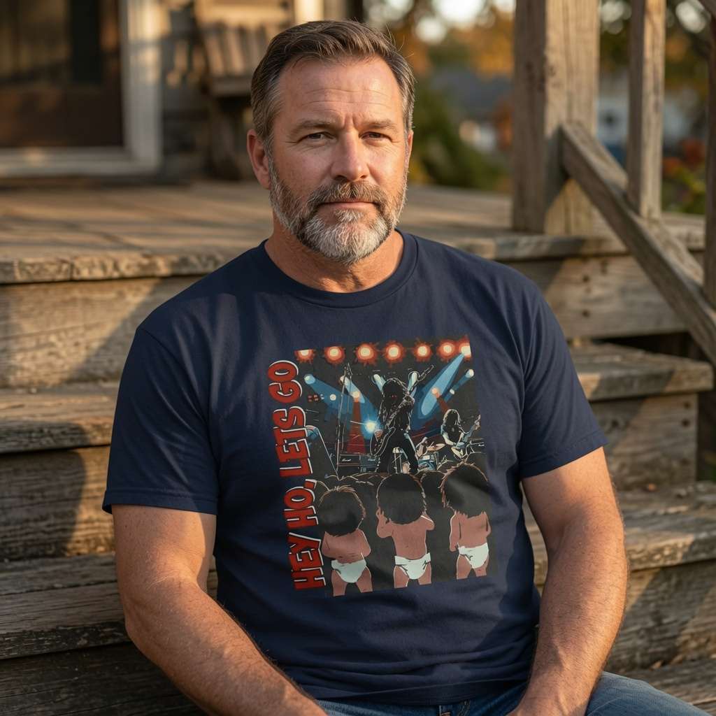 Bearded man on steps in navy Hey Ho Let’s Go tee, fun witty music inspired graphic
