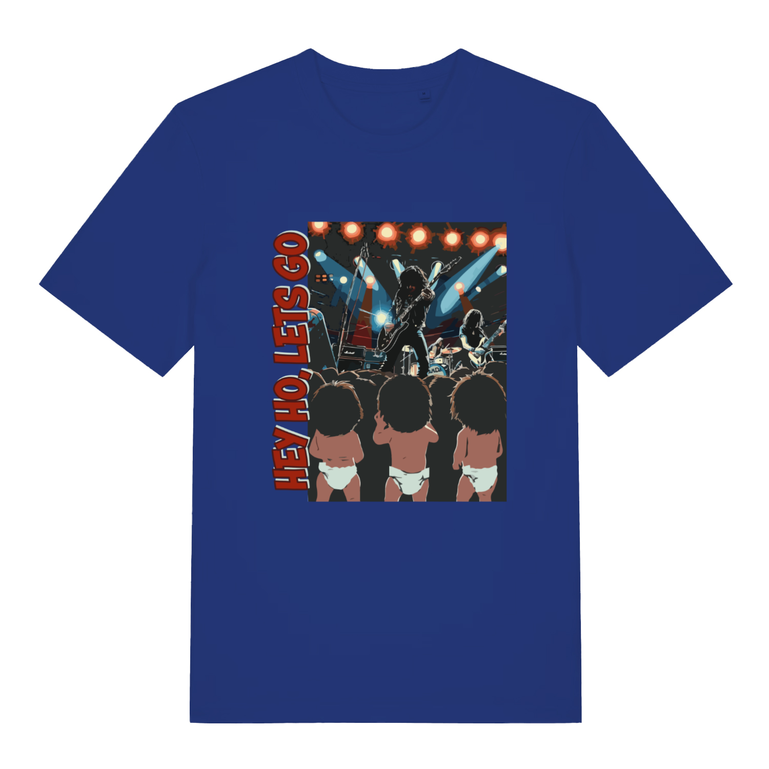 Worker Blue Hey Ho Let's Go T-shirt flat lay with "Hey Ho Let's Go" funny rock babies graphic