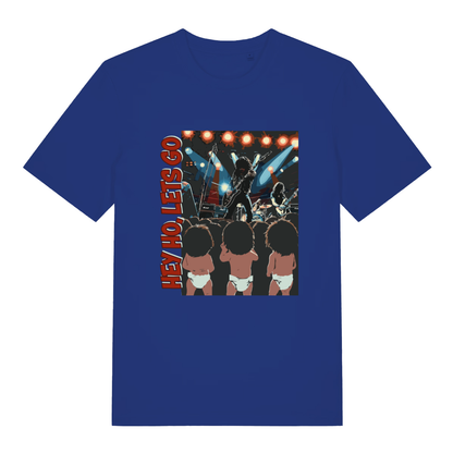 Worker Blue Hey Ho Let's Go T-shirt flat lay with "Hey Ho Let's Go" funny rock babies graphic