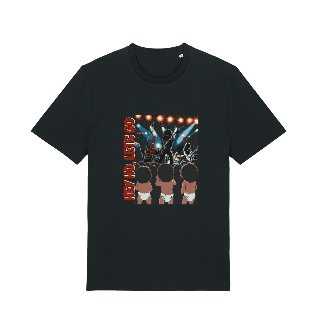 Black music t-shirt with graphic design of three children and the slogan 'hey ho lets go'