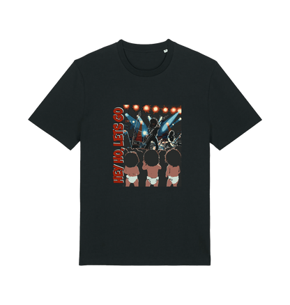 Black music t-shirt with graphic design of three children and the slogan 'hey ho lets go'