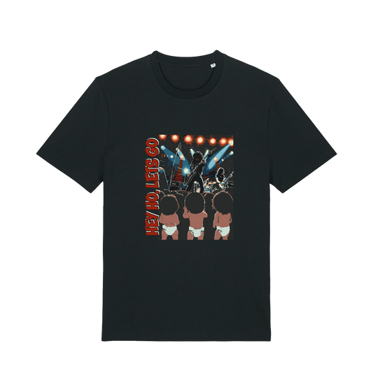 Black music t-shirt with graphic design of three children and the slogan 'hey ho lets go'
