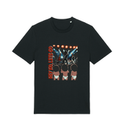 Black music t-shirt with graphic design of three children and the slogan 'hey ho lets go'