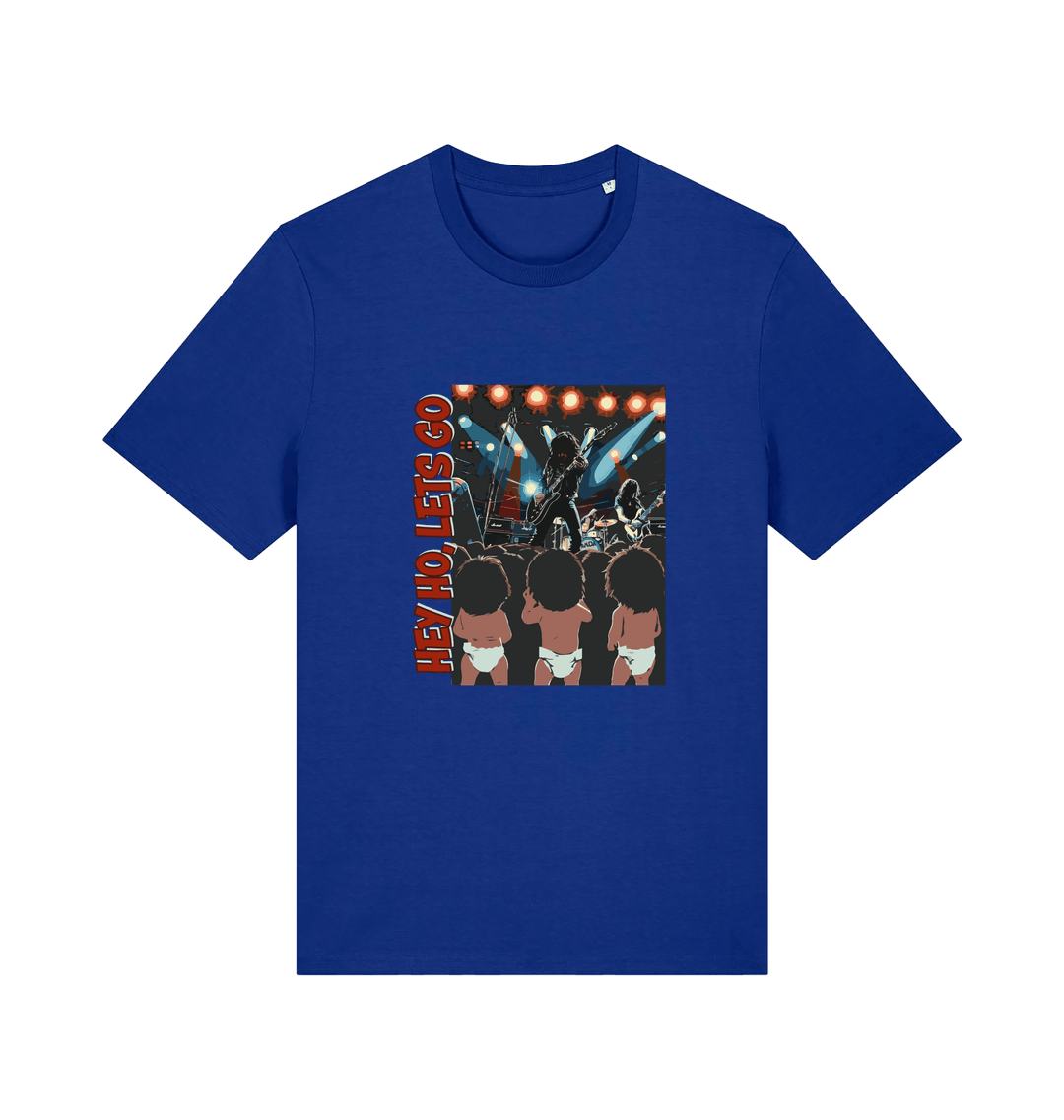blue music t-shirt with graphic design of three children and the slogan 'hey ho lets go'