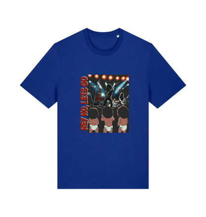 blue music t-shirt with graphic design of three children and the slogan 'hey ho lets go'