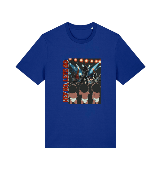 blue music t-shirt with graphic design of three children and the slogan 'hey ho lets go'