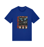 blue music t-shirt with graphic design of three children and the slogan 'hey ho lets go'