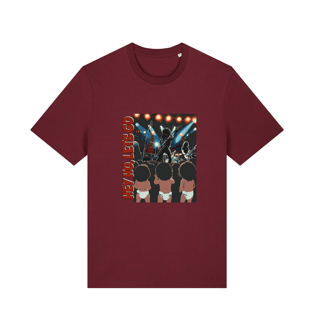 burgundy music t-shirt with graphic design of three children and the slogan 'hey ho lets go'