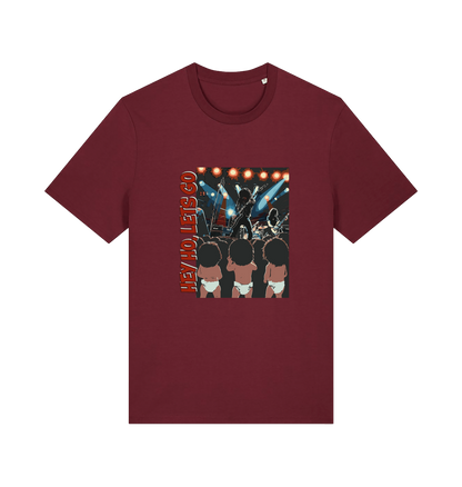 burgundy music t-shirt with graphic design of three children and the slogan 'hey ho lets go'