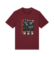 burgundy music t-shirt with graphic design of three children and the slogan 'hey ho lets go'