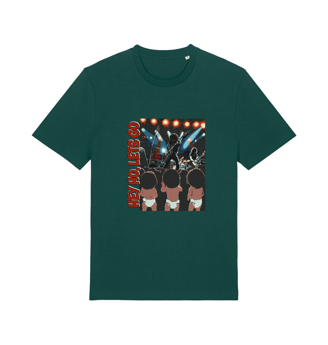 green music t-shirt with graphic design of three children and the slogan 'hey ho lets go'
