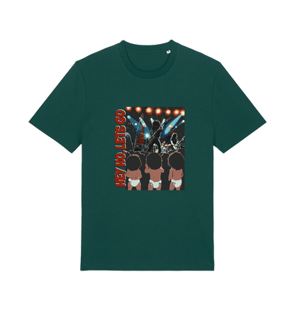 green music t-shirt with graphic design of three children and the slogan 'hey ho lets go'