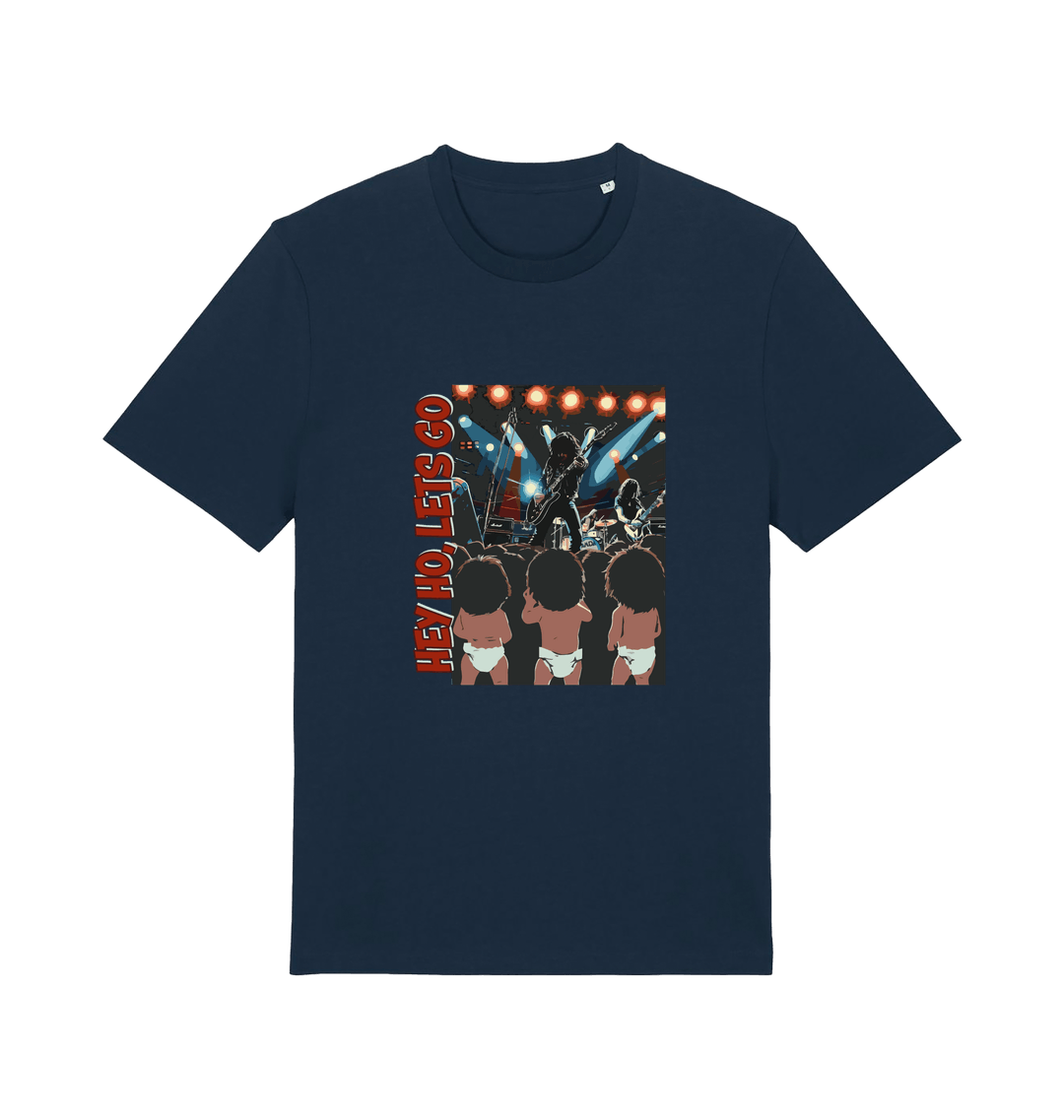 navy music t-shirt with graphic design of three children and the slogan 'hey ho lets go'