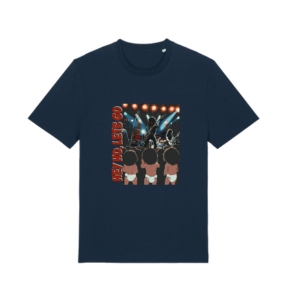 navy music t-shirt with graphic design of three children and the slogan 'hey ho lets go'