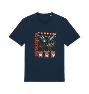 navy music t-shirt with graphic design of three children and the slogan 'hey ho lets go'