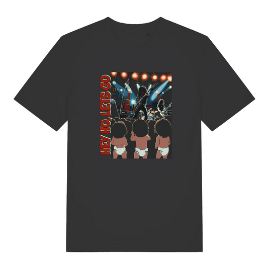 black music t-shirt with the graphic of some babies watching a music concert and the slogan 'hey ho lets go'