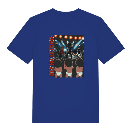 blue music t-shirt with the graphic of some babies watching a music concert and the slogan 'hey ho lets go'