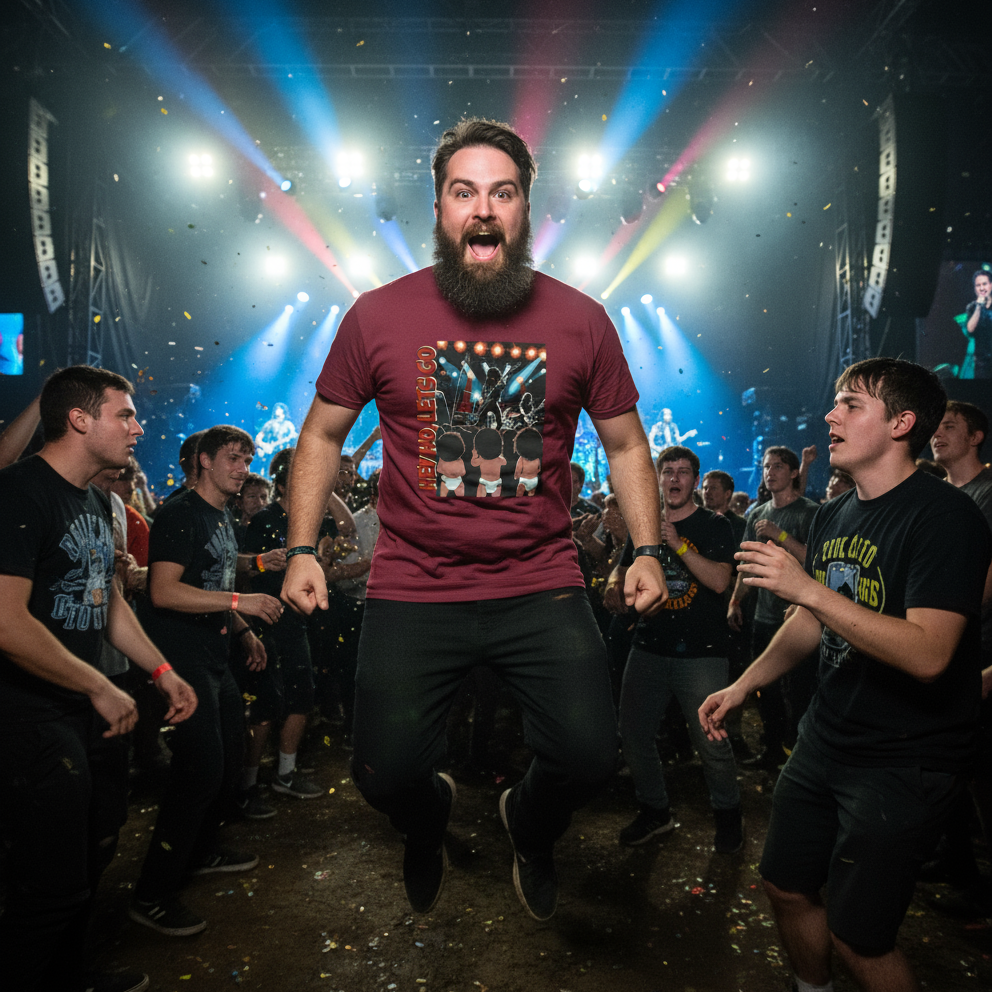 Man with a beard and maroon t-shirt jumping in excitement at a concert.