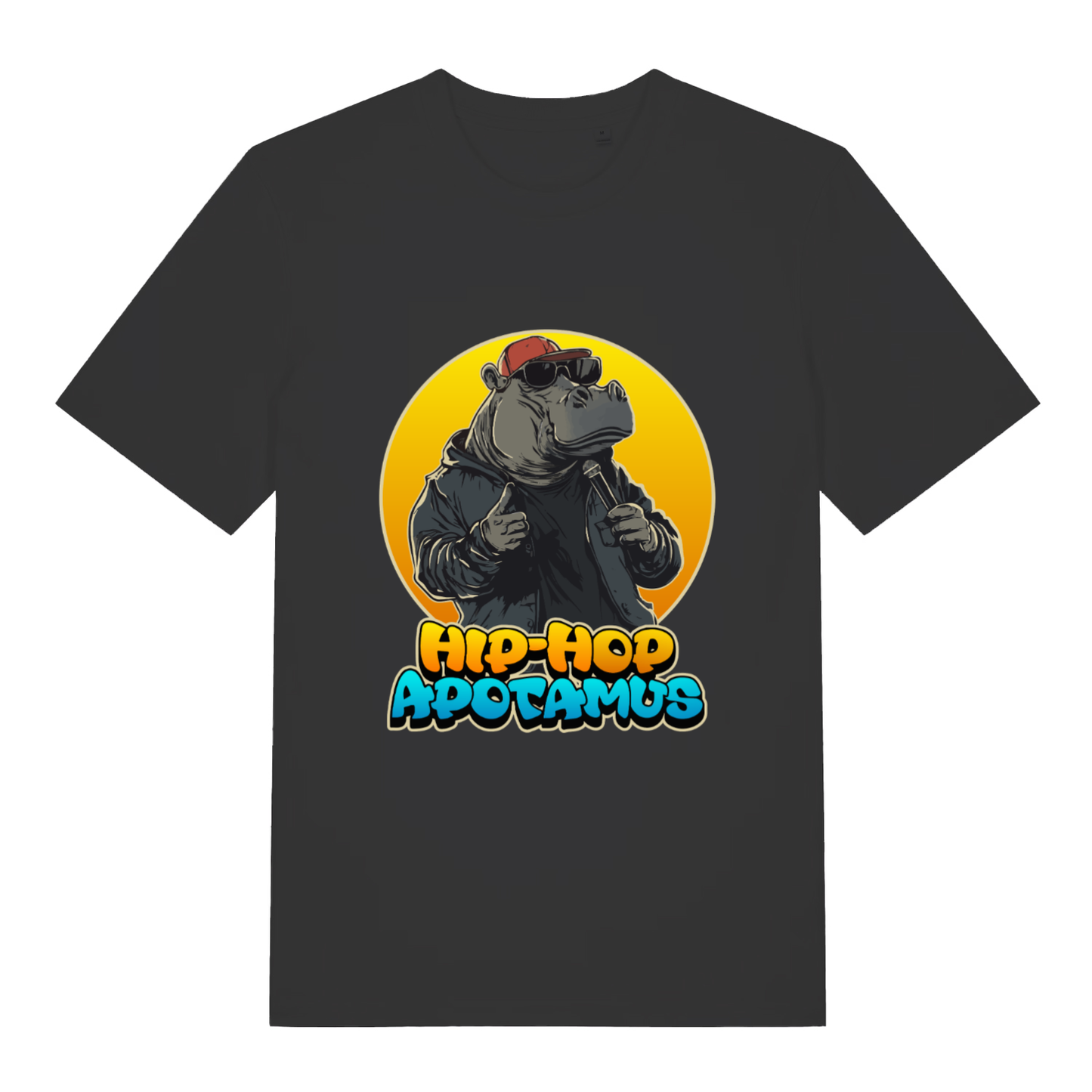 Black Hip-Hop Apotamus T-shirt flat lay with cool hippo rapper "Hip-Hop Apotamus" graphic