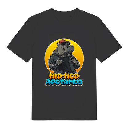 Black Hip-Hop Apotamus T-shirt flat lay with cool hippo rapper "Hip-Hop Apotamus" graphic