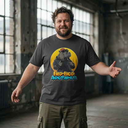 Bearded man with arms out in black Hip-Hop Apotamus tee, funny hippo pun animal graphic