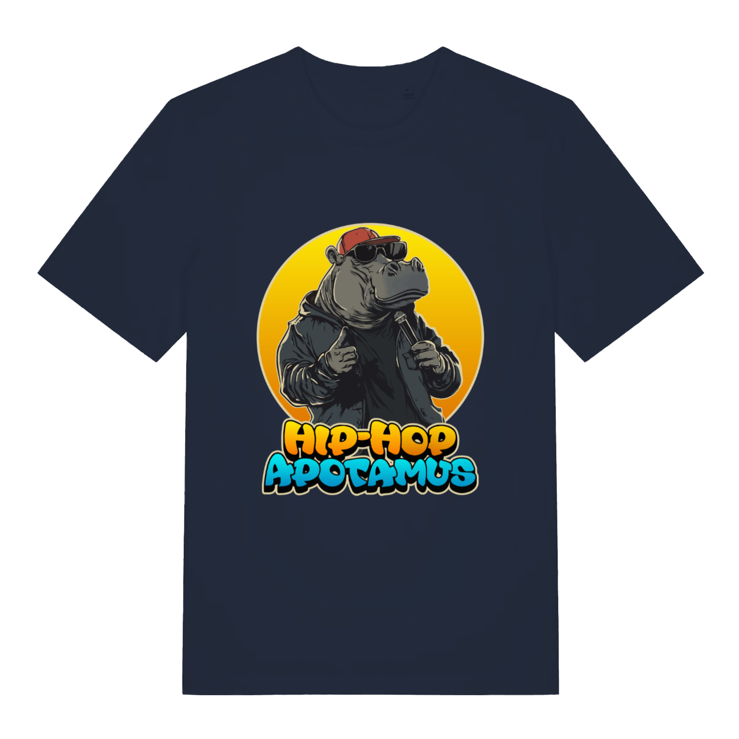 French Navy Hip-Hop Apotamus T-shirt flat lay featuring funny hippo in sunglasses microphone illustration