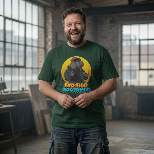 Bearded man laughing in glazed green Hip-Hop Apotamus t-shirt featuring cool hippo with mic, funny mens hippo pun graphic