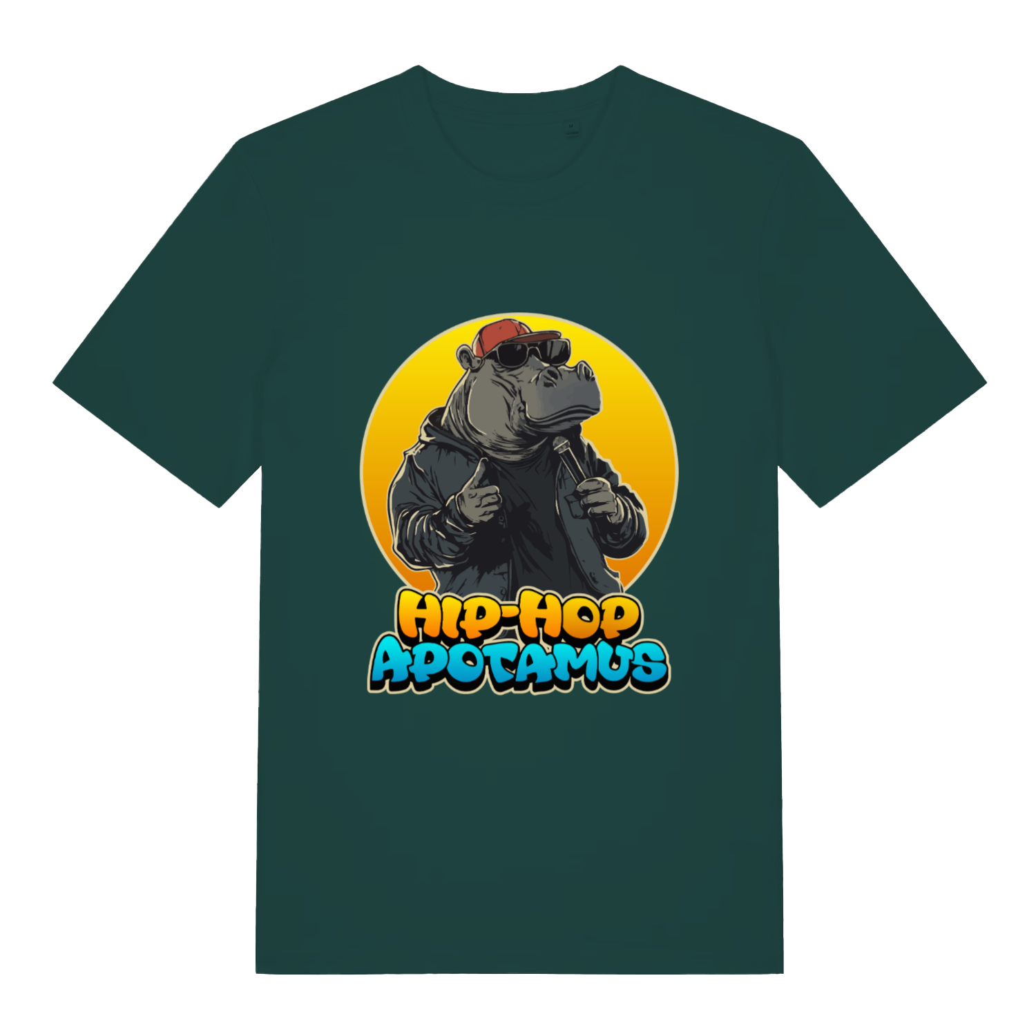 Glazed Green Hip-Hop Apotamus T-shirt flat lay showing hip-hop hippo graphic design