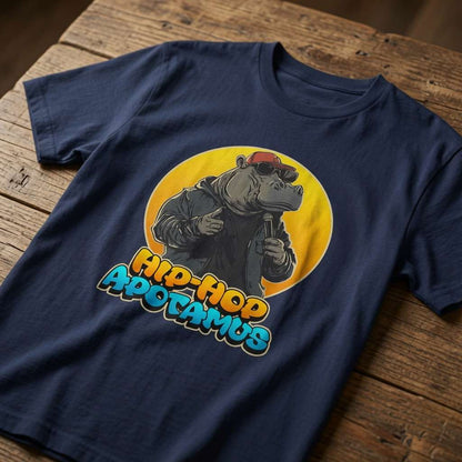 Navy Hip-Hop Apotamus t-shirt on wood with rapping hippo design, fun mens hippo pun animal graphic
