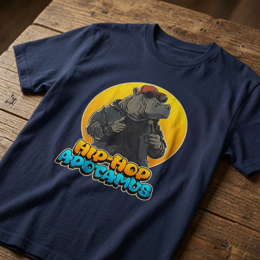 Navy Hip-Hop Apotamus t-shirt on wood with rapping hippo design, fun mens hippo pun animal graphic
