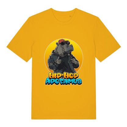 Spectra Yellow Hip-Hop Apotamus T-shirt flat lay with humorous rapper hippo "Hip-Hop Apotamus" slogan