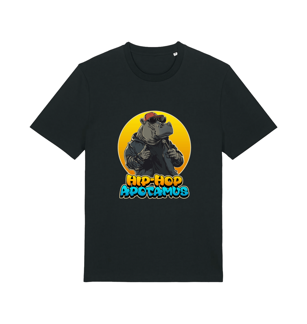 black funny animal t-shirt with the graphic of a hippo and the slogan 'hip-hop apotamus'