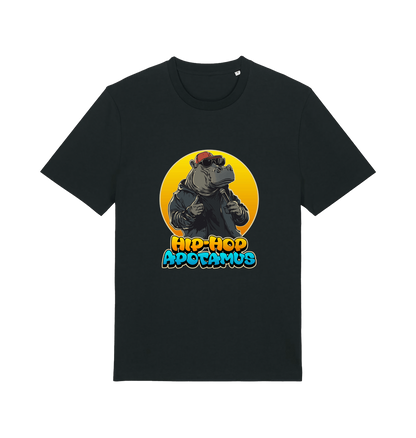 black funny animal t-shirt with the graphic of a hippo and the slogan 'hip-hop apotamus'