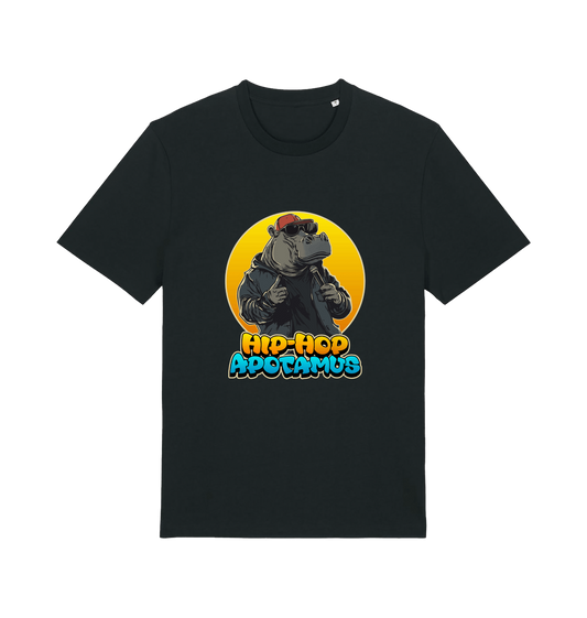 black funny animal t-shirt with the graphic of a hippo and the slogan 'hip-hop apotamus'
