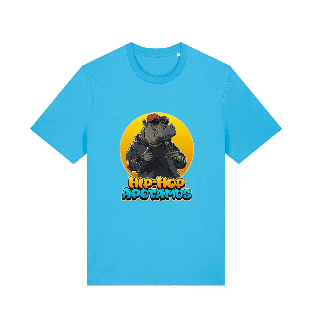 blue funny animal t-shirt with the graphic of a hippo and the slogan 'hip-hop apotamus'