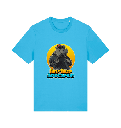 blue funny animal t-shirt with the graphic of a hippo and the slogan 'hip-hop apotamus'