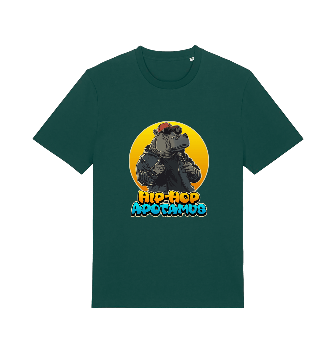 green funny animal t-shirt with the graphic of a hippo and the slogan 'hip-hop apotamus'