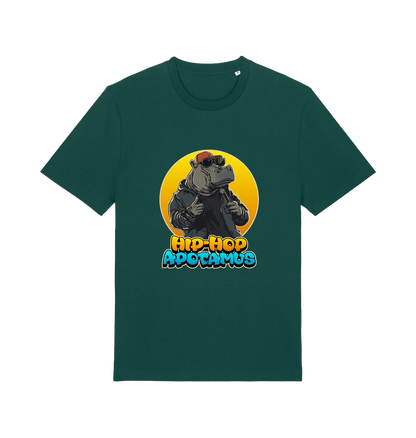 green funny animal t-shirt with the graphic of a hippo and the slogan 'hip-hop apotamus'