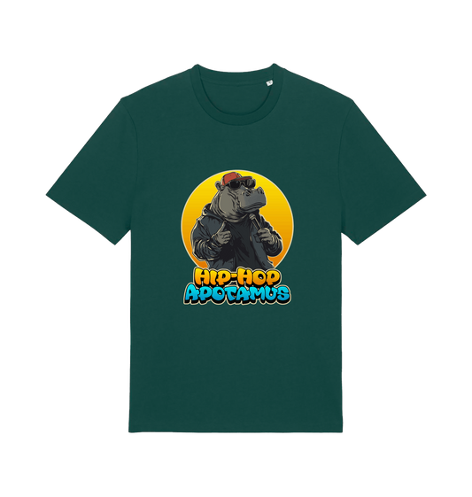 green funny animal t-shirt with the graphic of a hippo and the slogan 'hip-hop apotamus'